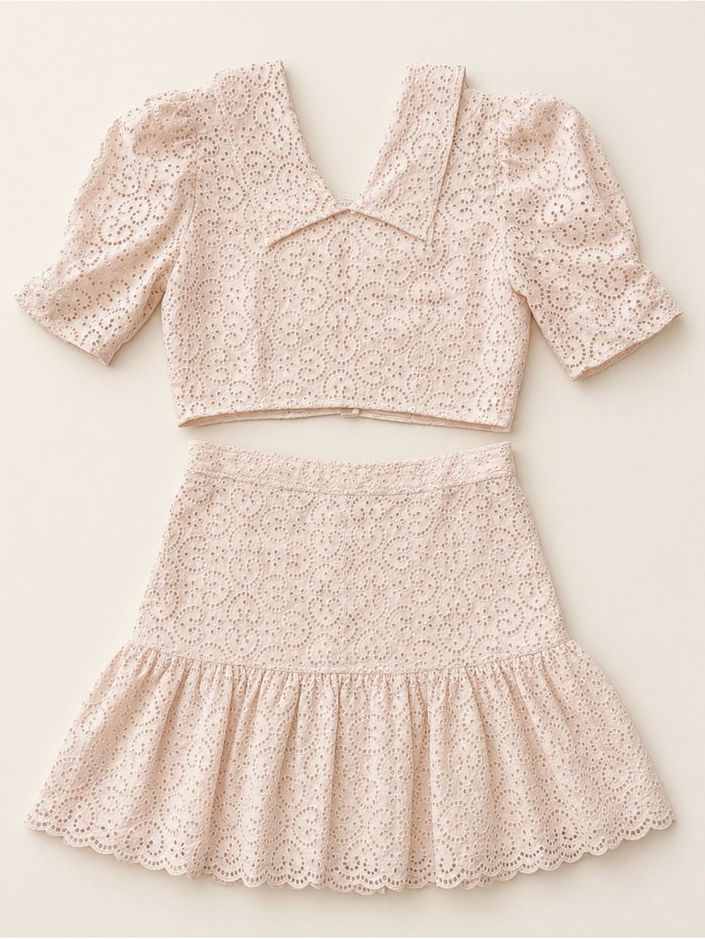 Sandro Cream Blush Eyelet Cropped Top & Mini Skirt Set Scalloped Small - Picture 5 of 15